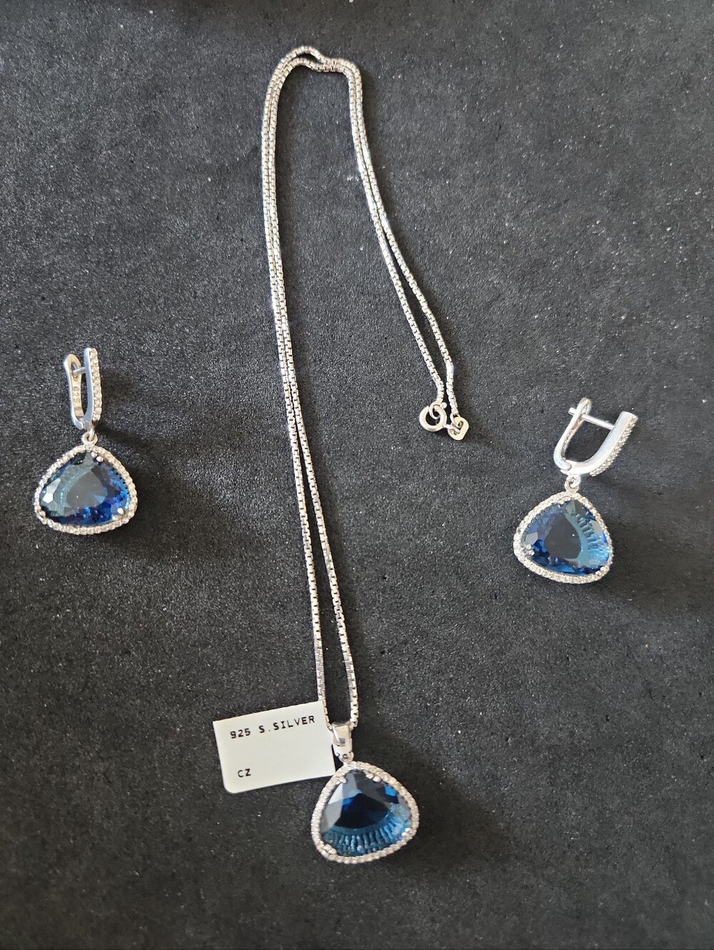 Sterling Silver Blue CZ Teardrop Necklace & Earrings Set